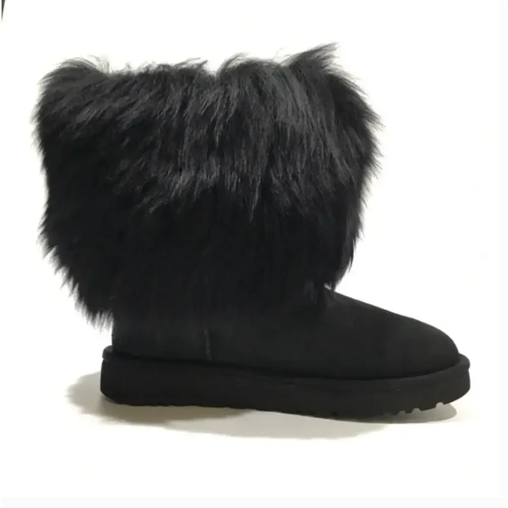 Ugg Short Sheepskin Cuff Boots 6 Black NWT Suede Fur Shearling Ankle Booties